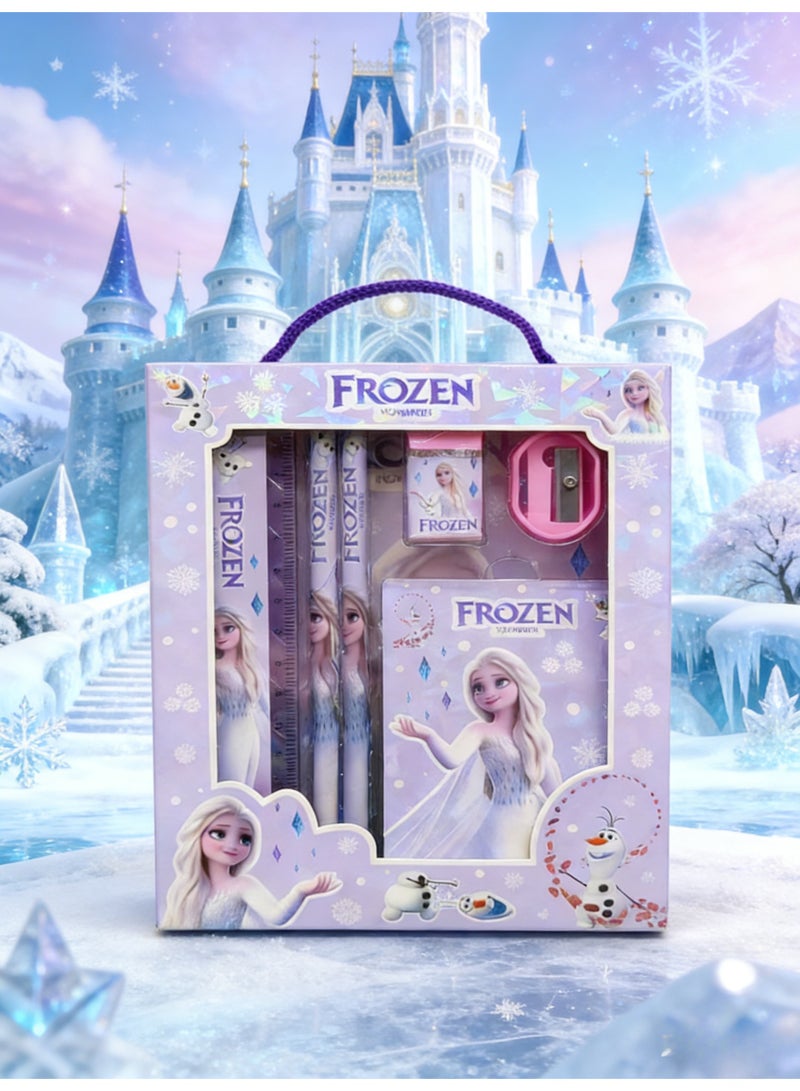 Frozen Magic Disney Frozen Elsa Stationery Gift Set, 8-Piece Kids' School Supplies Kit with Pencils, Ruler, Eraser, Sharpener & Notebook, Portable Handle Gift Box for Girls Birthday & Back to School - Image 4
